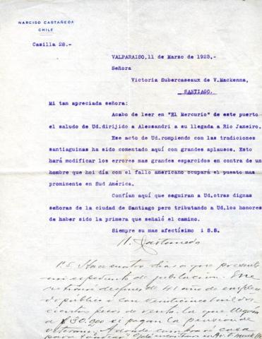 Primera imagen del registro Carta de don Narciso Castañeda a la señora Victoria Subercaseaux de Vicuña Mackenna
