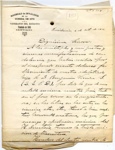 Primera imagen del registro Del honorable directorio de la sociedad de inválidos de la Guerra de 1879 y veteranos del ejército a la Sra.Victoria Subercaseax
