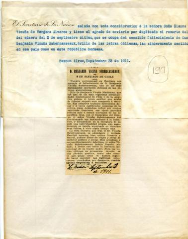 Primera imagen del registro Saludo del secretario de la Naciòn a la señora Blanca Vicuña de Vergara Alvares