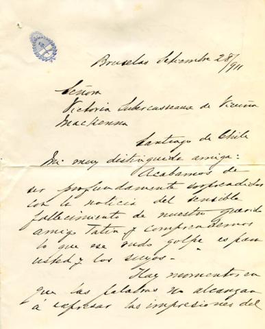 Primera imagen del registro De don Alberto Blancas a la Sra. Victoria Subercaseaux de Vicuña Mackenna