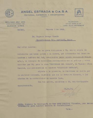 Primera imagen del registro Carta del señor gerente de Angel Estrada & Cía S.A. a don Eugenio Orrego Vicuña