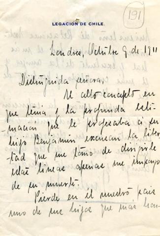 Primera imagen del registro Carta de don Agustín Edwards a la señora Victoria Subercaseaux viuda de Vicuña Mackenna