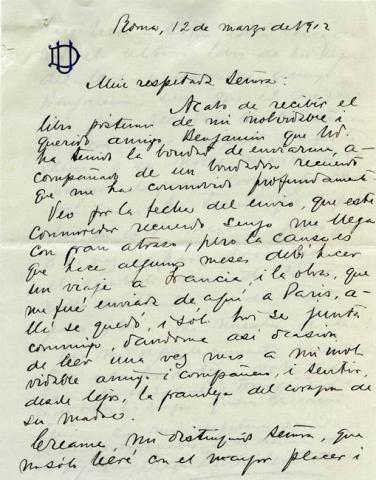 Primera imagen del registro Carta de don Diego Dublé Urrutia a la señora Victoria Subercaseaux