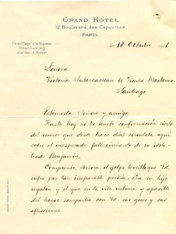 Primera imagen del registro Carta de don Alejandro Alvarez hacia su amiga Sra. Victoria Subercaseaux de Vicuña Mackenna