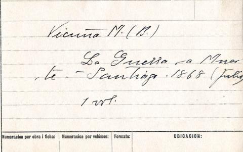 Primera imagen del registro Fichas que contienen títulos de las obras escritas por Benjamín Vicuña Mackenna
