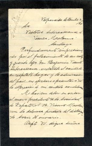 Primera imagen del registro Carta de pésame de don Luis A. González a la señora Victoria Subercaseaux