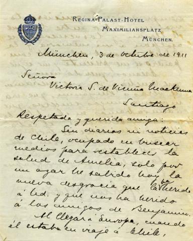Primera imagen del registro Carta de pésame dirigida a la Sra, Victoria Subercaseaux por don Carlos Silva Vildósola