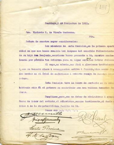 Primera imagen del registro Carta de los miembros de una Comisión a la Sra. Victoria Subercaseaux de Vicuña Mackenna