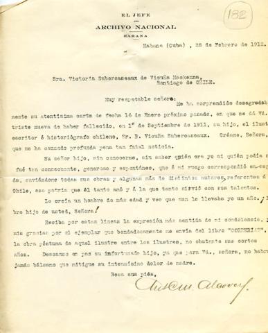 Primera imagen del registro Carta del Jefe de Archivo Nacional de la Habanna a doña Victoria Subercaseaux de Vicuña Mackenna