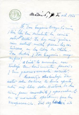 Primera imagen del registro Carta de Rufino Blanco a Eugenio Orrego Vicuña