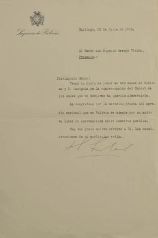 Primera imagen del registro Carta de la legación de Bolivia a don Eugenio Orrego Vicuña