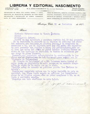 Primera imagen del registro Carta del señor M.C. Jorge Nascimento a la señora Victoria Suberseaux de Vicuña Mackenna