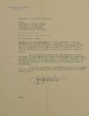 Primera imagen del registro Carta de don Jorge Meléndez escobar al señor Eugenio orrego Vicuña. Director de la Sociedad Protectora de Animales