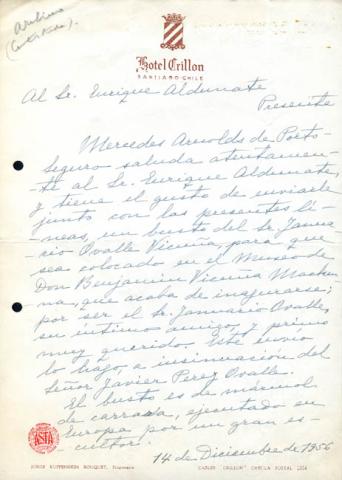 Primera imagen del registro Carta de la señora Mercedes Amolds de Portoseguro al señor Enrique Aldunate