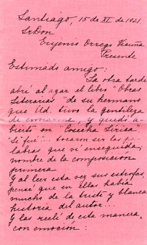 Primera imagen del registro Saludo de la señora María Valdés de Prado a don eugenio Orrego Vicuña