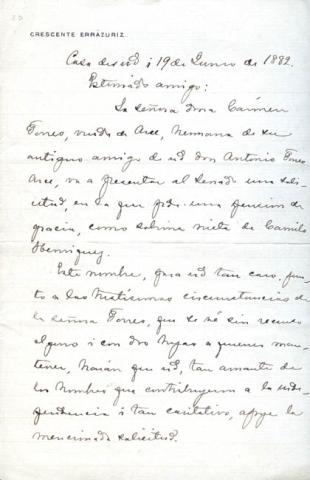 Primera imagen del registro Carta de don Crescente Errázuriz a Benjamín Vicuña Mackenna