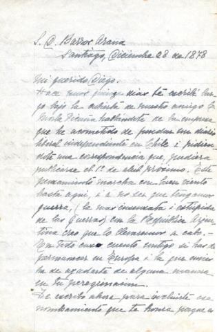 Primera imagen del registro Carta de Benjamín Vicuña Mackenna a don Diego Barros Arana