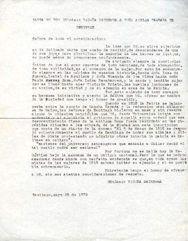 Primera imagen del registro Carta de don Benjamín Vicuña Mackenna a la señora Amelia Gándara de Christie