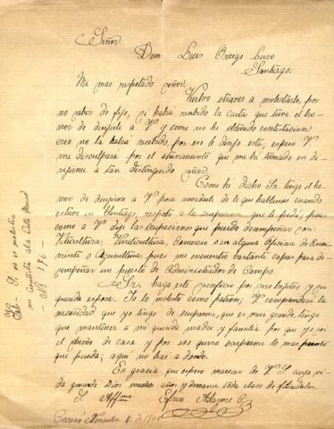 Primera imagen del registro Carta de don Efrin Adasme al señor Luis Orrego Luco