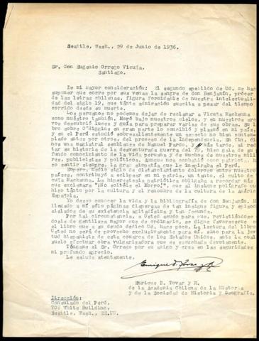 Primera imagen del registro Carta de don Enrique D. Tobar y R. al señor Eugenio Orrego Vicuña