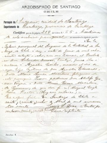 Primera imagen del registro Certificado de bautismo de don Agustín Carlos Edwards Mac-Clure