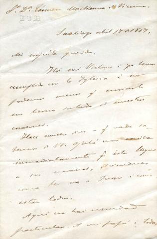 Primera imagen del registro Carta de don Benjamín Vicuña Mackenna y esposa a doña Carmen Mackenna y Vicuña
