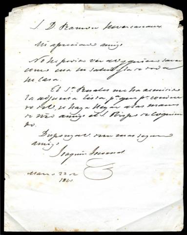 Primera imagen del registro Carta de don Joaquín Tocornal al señor Ramón Subercaseaux