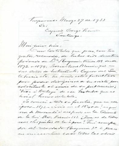 Primera imagen del registro Carta de don Narciso Castañeda al señor Eugenio Orrego Vicuña