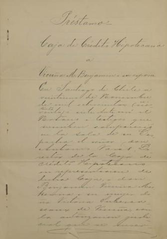 Primera imagen del registro Préstamo de la caja de crédito hipotecario concedido a don Benjamín Vicuña Mackenna y su señora esposa.