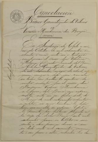 Primera imagen del registro Cancelación de escritura de don Benjamín Vicuña Mackenna a favor del banco Chileno Garantizado de Valores
