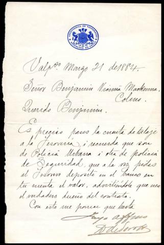 Primera imagen del registro Carta de la Intendencia de Valparaíso al señor Benjamín Vicuña Mackenna