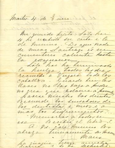 Primera imagen del registro Carta de doña María Magdalena Vicuña Subercaseaux de Orrego a su hijo Eugenio, en Constitución