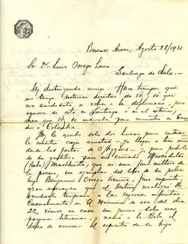 Primera imagen del registro Carta de don Julio A. Quezada al señor Luis Orrego Luco