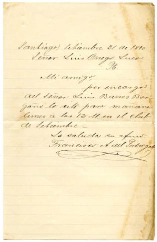 Primera imagen del registro Nota manuscrita de Francisco A. del Pedregal a su amigo Luis Orrego Luco