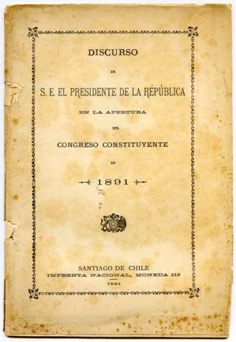 Primera imagen del registro Discurso del Presidente José Manuel Balmaceda Fernández en 1891