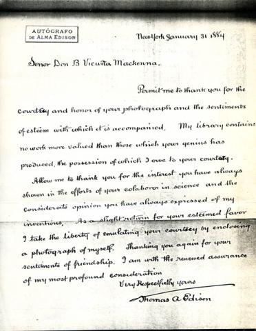 Primera imagen del registro Carta autografiada en Inglés de Thomas A. Edison a Benjamín Vicuña Mackenna