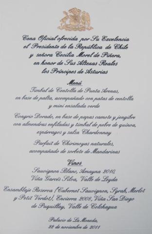 Primera imagen del registro Menú de la cena oficial ofrecida por el presidente a los Príncipes de Asturias