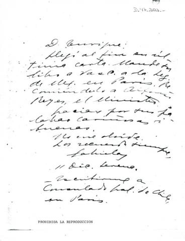 Primera imagen del registro Carta de Gabriela Mistral