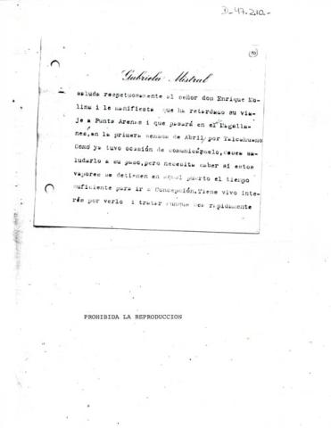 Primera imagen del registro Nota de Gabriela Mistral a Enrique Molina