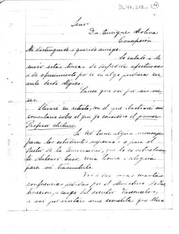 Primera imagen del registro carta de Gabriela Mistral a Enrique Molina
