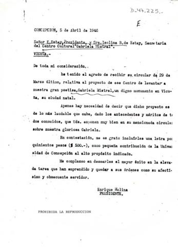 Primera imagen del registro Carta mecanografiada de don Enrique Molina dirigida al Sr. E. Estay y Sra. Isolina Barraza