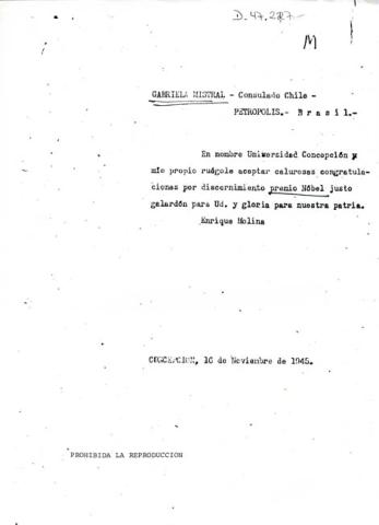 Primera imagen del registro Nota de Enrique Molina a Gabriela Mistral