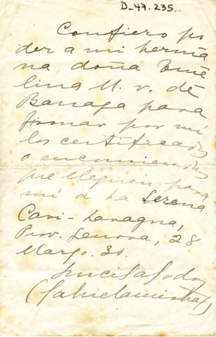 Primera imagen del registro Carta poder de Gabriela Mistral a Emelina