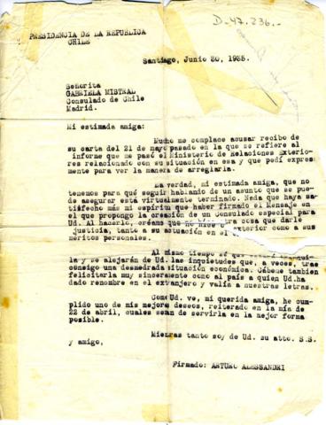 Primera imagen del registro Carta de Arturo Alessandri a Gabriela Mistral