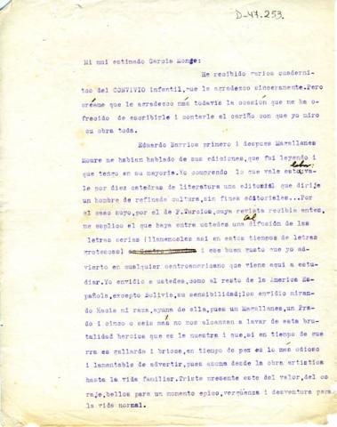 Primera imagen del registro Carta de Gabriela Mistral a J. García Monge