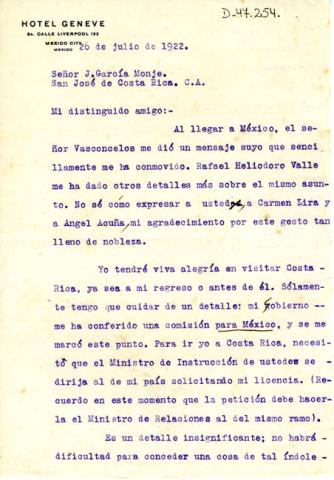 Primera imagen del registro Carta de Gabriela Mistral a J. García Monje