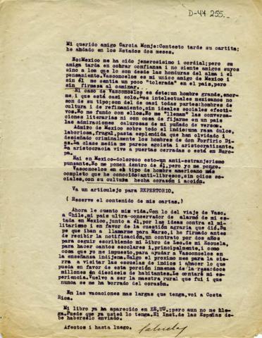 Primera imagen del registro Carta de Gabriela Mistral a J. García Monje