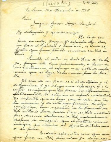 Primera imagen del registro Carta de Gabriela Mistral a J. García Monje