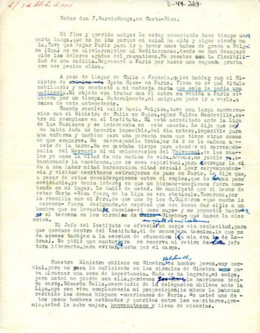 Primera imagen del registro Carta de Gabriela Mistral a J. García Monje
