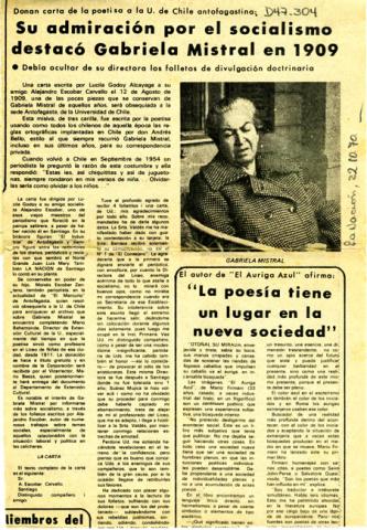 Primera imagen del registro Su admiración por el socialismo destacó a Gabriela Mistral en 1909